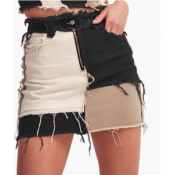 Sexy Black Colorblock Patchwork Denim Distressed Ripped Mini Bodycon Jean Skirt - Picture 2 of 6